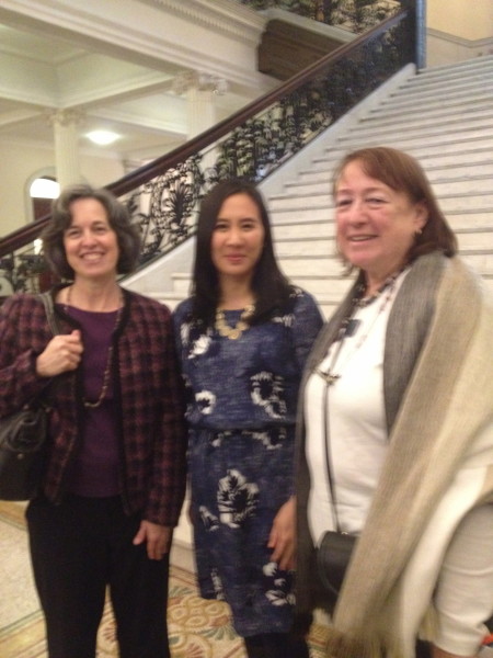 Celeste Ng standing with two of us from the library community at the State House event